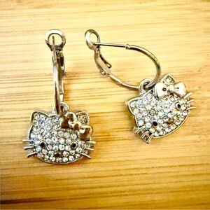 HELLO KITTY EARRINGS RHINESTONE COVER CAT FACE GOLD BOW SILVER METAL FRENCH HOOP